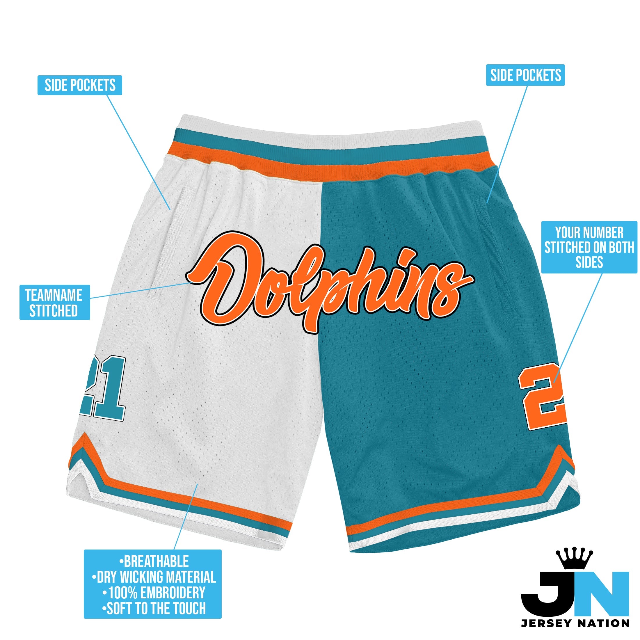 Orange, Teal-White Custom Basketball Shorts